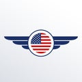 Wings badge with USA flag. Winged American flag template. Air force and aviation emblem. Vector illustration.